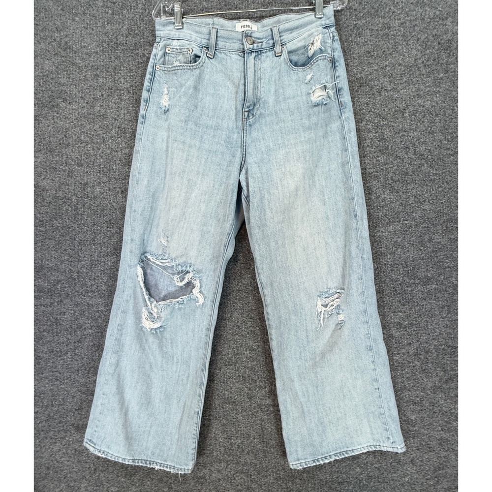 Pistola Wide Leg Jeans Womens 28 Light Blue Distressed Mid Rise Denim Casual